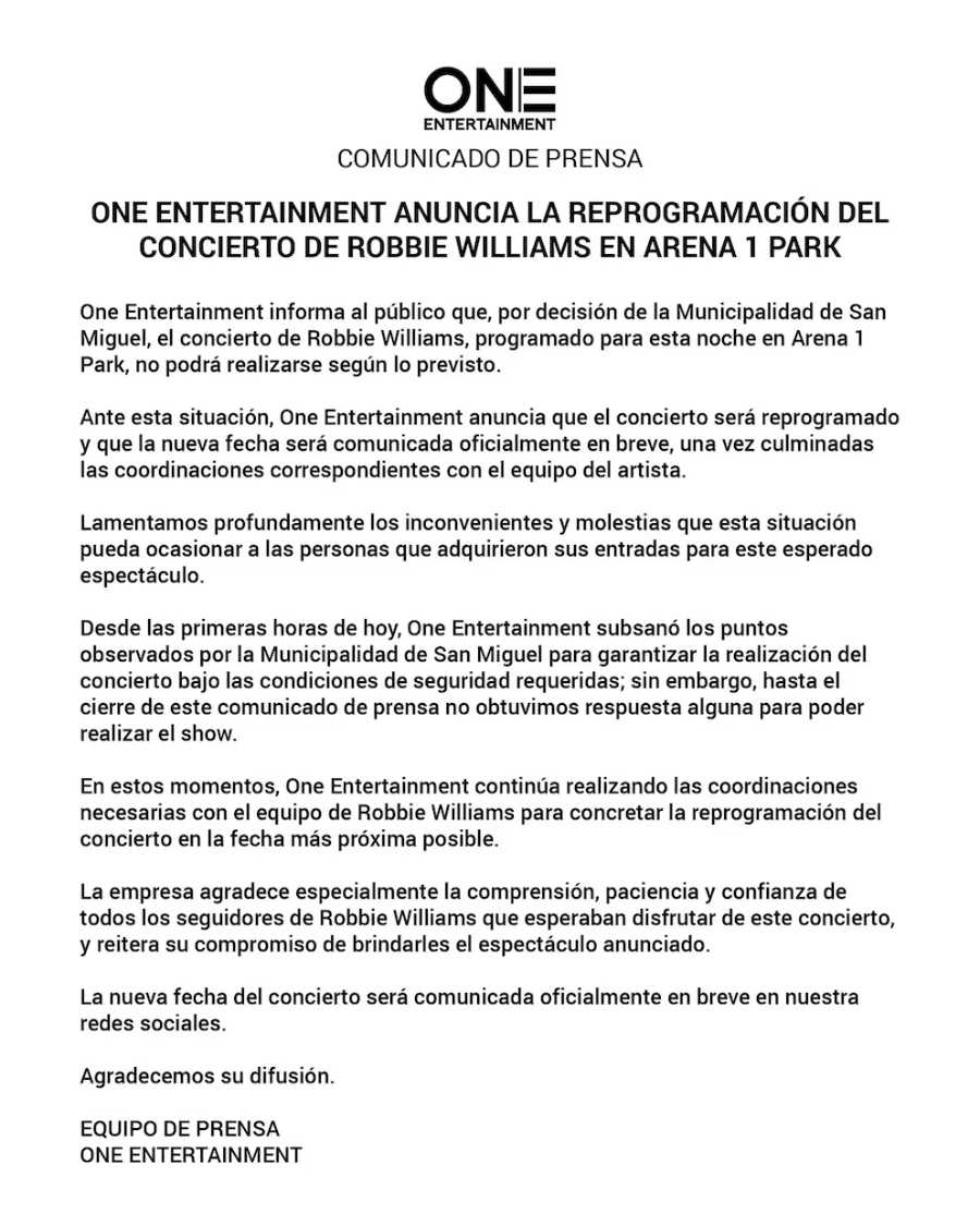 ANUNCIAN REPROGRAMACIÓN DEL SEGUNDO CONCIERTO DE ROBBIE WILLIAMS EN LIMA TRAS CLAUSURA DE ARENA 1