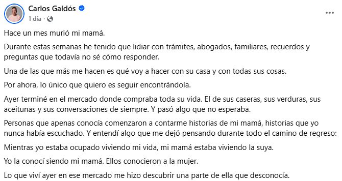 CARLOS GALDÓS REVELA EL FALLECIMIENTO DE SU MADRE Y COMPARTE EMOTIVA REFLEXIÓN SOBRE SUS ÚLTIMOS DÍAS