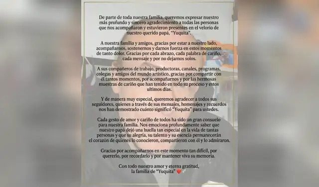 Hijos de Enrique Espejo ‘Yuca’ se pronuncian tras su muerte y agradecen muestras de cariño