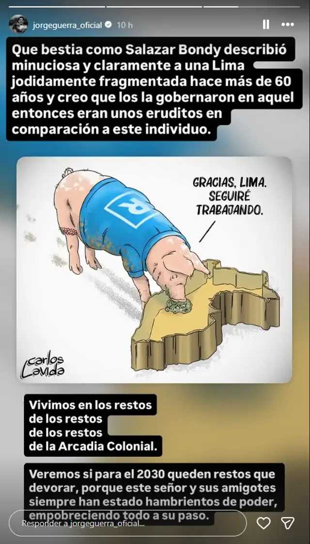 JORGE GUERRA A RAFAEL LÓPEZ ALIAGA TRAS PRIMEROS RESULTADOS ELECTORALES: "VEREMOS SI PARA EL 2030 QUEDAN RESTOS QUE DEVORAR"