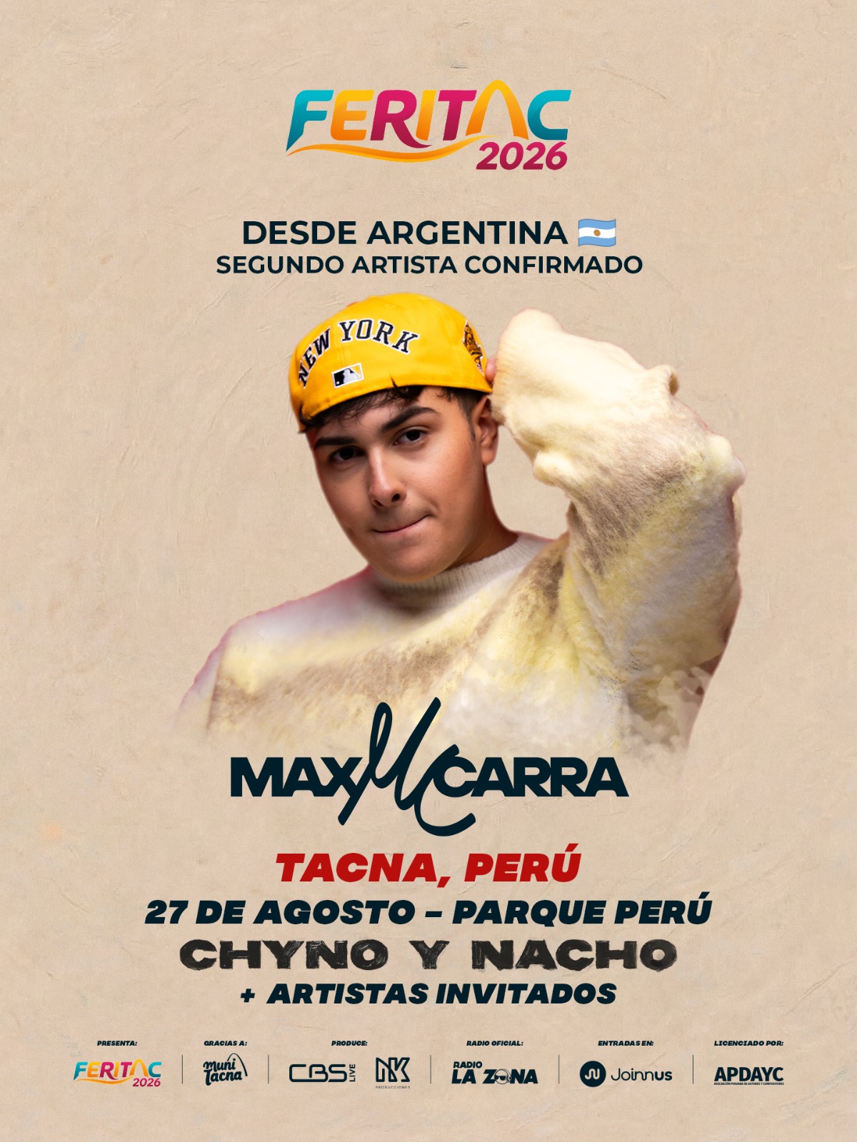 MAX CARRA SE SUMA A "FERITAC 2026", EL FENÓMENO ARGENTINO SERÁ EL SEGUNDO ARTISTA CONFIRMADO PARA LA GRAN CELEBRACIÓN DE TACNA